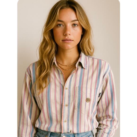 Vintage Classic Multicolored Pastel Stripe Coastal Preppy Button Down Top - Picture 2 of 11